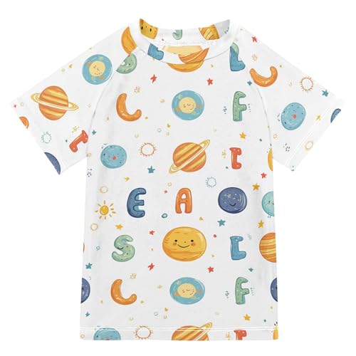 Cartoon Planets Alphabet White Girl Bathing Suit Sun Protection Teen Rash Guard Swimsuit Swimwears Shirts for Youth Boys 11-12Y