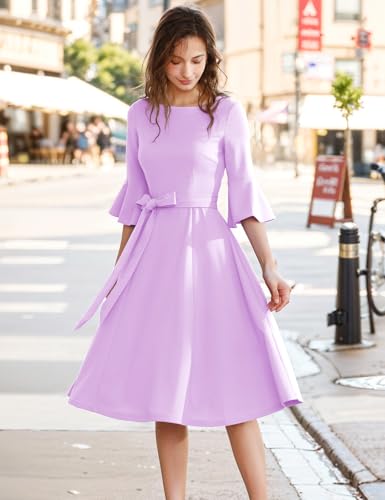 Image of HomRain Women's Church Dresses Modest Bell Sleeve Wedding Guest Cocktail Tea Party Vintage Evening Dress