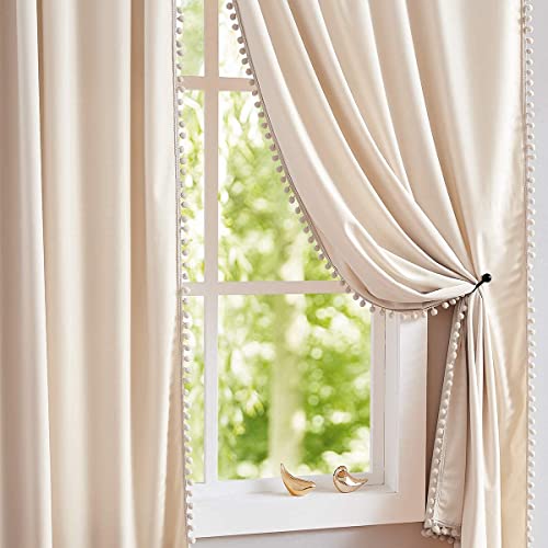 Image of Treatmentex Pom-Pom Cream Velvet Curtains for Living Room 63inch Length Luxury Heavy Ivory Window Drapery for Bedroom Kids Children Room Rod Pocket 42" w x 2Panels