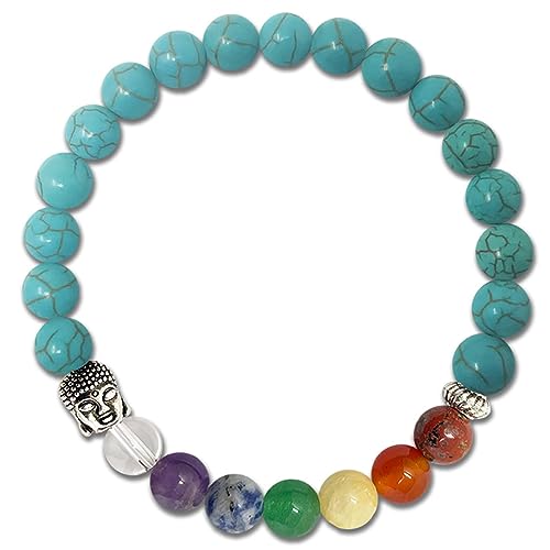 cotigo Pulsera Chakras de 7 piedras, Pulsera Piedras Naturales - Pulsera Bolas con Elástico, Pulsera Energética Yoga para Mujer o Hombre (Turquesa)