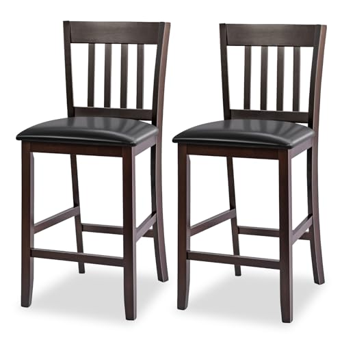 COSTWAY Counter Height Bar Stools Set of 2, 25'' Wooden Pub Chairs with PU Leather Seat, Mid Century Modern Upholstered Island Chairs for Kitchen, Living Room, Dining Room, Bar