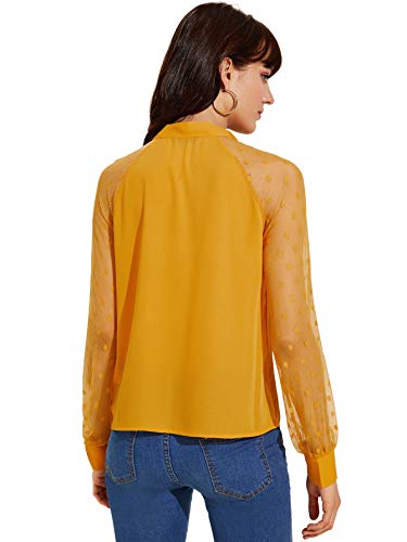 DIDK-Damen-Blusen-Stehkragen-Chiffonbluse-Oberteil-Tunika-Netz-Aermel-mit-Schleife-Langarm-Bluse-Shirts-Elegant-Tops-Basic-Hemd