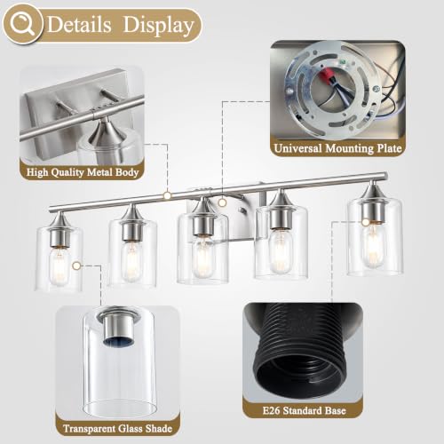 Image of 5-Light Vanity Lights for Bathroom,Brushed Nickel Bathroom Light Fixture,32 inch Wall Sconce with Clear Glass Shades for Bedroom Living Room Hallway E26 Base
