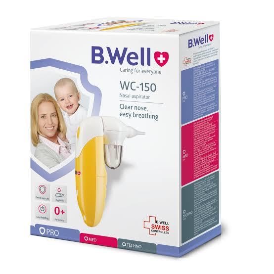 B.Well Aspirador nasal eléctrico Swiss Baby WC-150, limpieza eficaz con suave presión negativa con solo pulsar un botón, 12 melodías infantiles y 2 cabezales suaves incluidos, diseño práctico fácil de