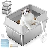 Stainless Steel Cat Litter Box with Lid, L High Sided Metal Sifting Litter Box for Pine Pellets, Enclosed Sifting Box for Small Cats, Anti-Leakage, Easy Clean, Include Scoop, Liner, Pee Pad and Hook