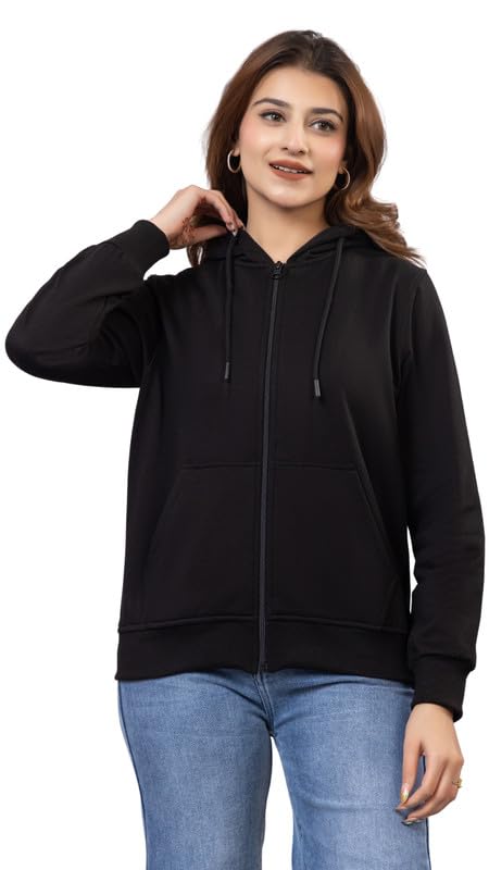 Solid Cotton Long Sleeves Hoodie Jacket Sweatshirt for Women | Slim Fit Cotton Front Zipper Sweatshirts with 2 Pockets & Drawcords | Lightweight & Soft Comfortable Winter Wear Outdoor Jackets-image-49