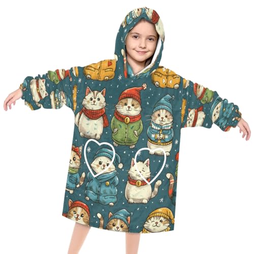 Wearable Blanket Hoodie for Kids, playful cats Fleece Sweatshirt Blanket Oversized Blanket Sweatshirt with Pocket Flannel Warm Hooded Blanket 6-10 Year Old Girl Boy Gift, One Size