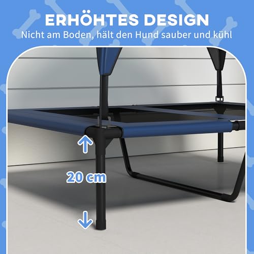 PawHut Erhöhtes Hundebett mit Baldachin, Haustierbett, Outdoor Hundeliege mit Dach, Atmungsaktiv, für große Hunde Dunkelblau Oxford 91 x 76 x 89 cm