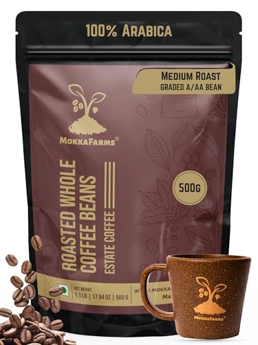 Image of MokkaFarms Premium Roasted Coffee Beans 500g | 100% Arabica | Medium Roast | Fresh Estate Coffee | Graded A /AA Whole Beans | Strong Flavor & Aroma | Farm to Fork Quality | Resealable Zip Lock Bag