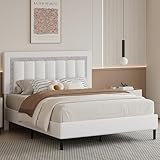 HOMBCK Full Bed Frame with Headboard, Bed Frame Full Size with Diamond Vertical Design Headboard, Wood Slats Support, Mattress Foundation, No Box Spring Needed, White