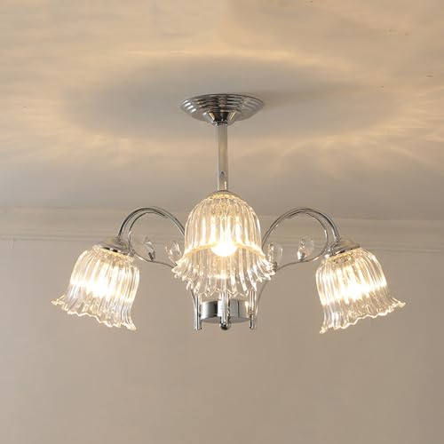 Plafonnier tulipe en verre moderne chrome 3 lumières semi-encastré