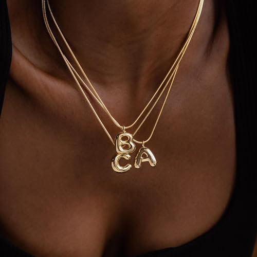 CAITLYNMINIMALIST 18K Gold Plated Bubble Balloon Initial Letter Snake Chain Stacking Personalized Necklace3