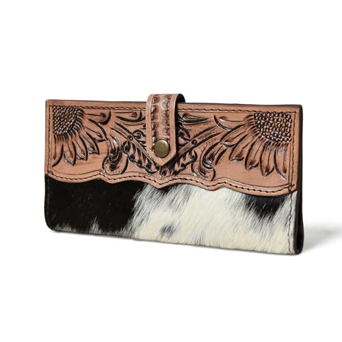 Cowhide Leather Wallet for Women | Handmade Floral Tooled Long Clutch with Snap Closure | Western Style Purse | Rustic Cowgirl Bag3