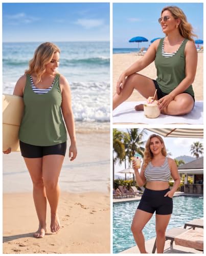 Image of Holipick Women Plus Size Swimsuits - Athletic 3 Piece Tankini with Shorts | Sports bikini top, high waist shorts, tank top, removable pads. Athletic style for water activties