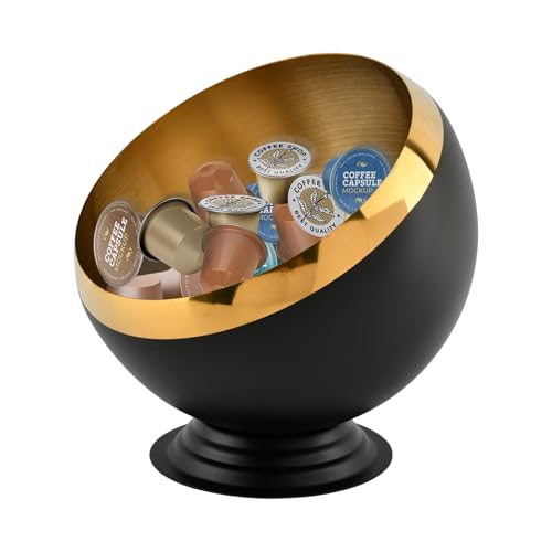 Coffee Pod Holder, Large Capacity Stainless Steel K Cups Holder Organizer Bowl Coffee Capsule Creamer Container Basket, Espresso Pods Storage for Bar Station, Counter (Black Gold)