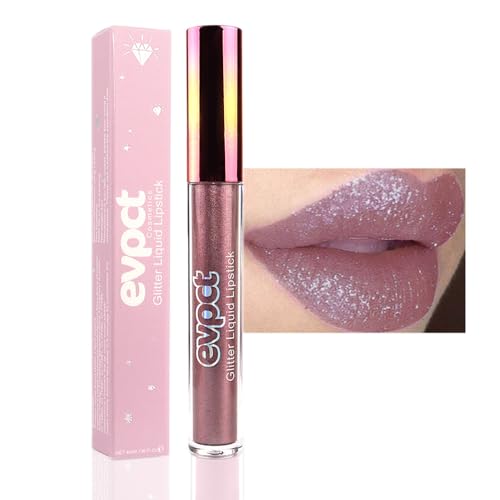Image of evpct 1Pcs Taupe Mauve Glitter Metallic Shimmer Diamond Lipstick Lip Gloss Stain Set for Women Long Lasting Waterproof, Mauve Purple Sparkle Glitter Matte long Wear Liquid Lipstick Lip Makeup Kit, 08#