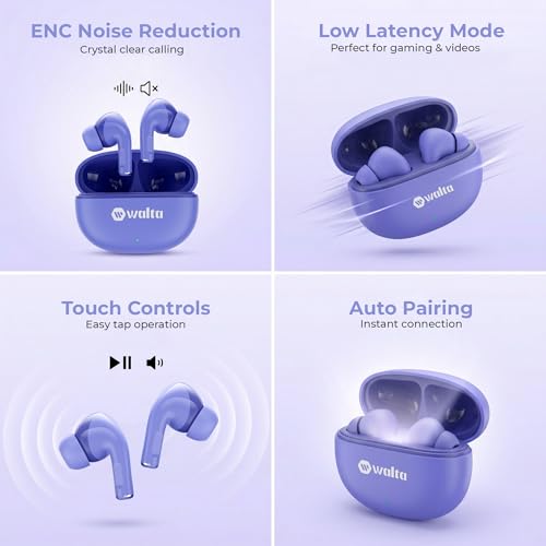 Image of Walta Air Champs 2.0 Wireless Earbuds Bluetooth 5.4, Noise Reduction Earphones with Mic, 15H Playtime, 300hrs Standby, Low Latency Gaming Headphones, Deep Bass TWS for Android & iOS (Purple)