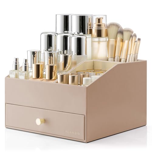 Vlando Makeup Organzier,Vanity Organizer with Drawers, PU Leather Skincare Organizer Perfume Organizer,Large Cosmetic Display Case for Lipstick,Brushes Gifts for Women-Toffee 2 layers-Toffee