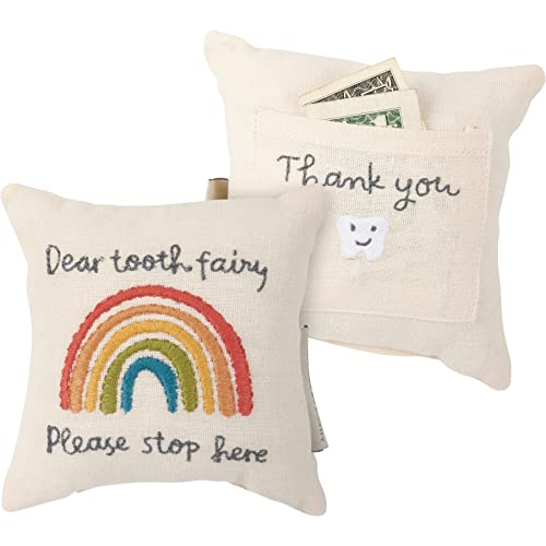 Image of Primitives by Kathy Tooth Fairy Pillow, 5x5-Inch Cotton Linen Keepsake with Back Storage Pocket, Embroidered Bright Rainbow Design