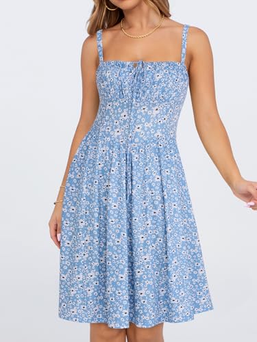 Image of YATHON Summer Mini Corset Sun Dress for Women Short Casual Square Neck Lace Up Floral Beach Vacation Dresses with Pockets