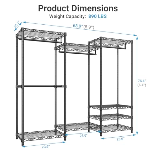 VIPEK V5 Portable Closet Wardrobe Heavy Duty Clothes Rack, Freestanding Clothing Rack with 4 Hang Rods & 8 Shelves, Adjustable Closet Racks, 68.9" L x 15.7" W x 76.4" H, Max Load 890LBS, Black thumbnail 3
