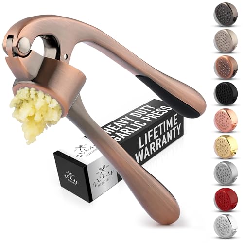 Zulay Kitchen Premium Garlic Press Set - Rust Proof & Dishwasher Safe Professional Garlic Mincer Tool - Easy-Squeeze, Easy-Clean with Soft, Ergonomic Handle - Silicone Garlic Peeler & Brush (Copper)