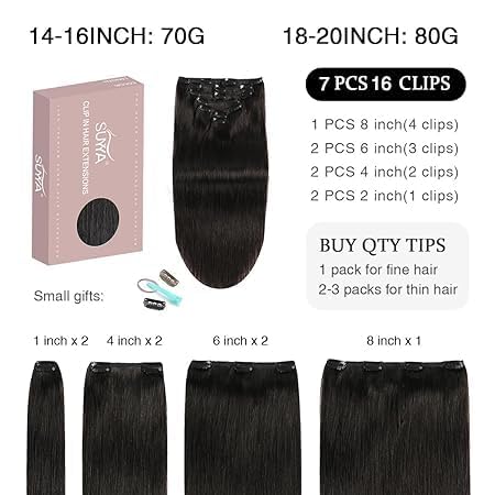 SUYYA Clip-In Real Hair Extensions, Salon Remy Human Hair Extensions, Straight Straight Hair Extensions, Clip, Double Stitched, 16 Inches, 40 cm, 7 Pieces, 70 g, #1B Natural Black | Remy Echthaar, glattes Haar, Clip-In, 7 Stück 70 g, natürlicher Look, mehr Volumen & Länge, wiederverwendbar 40 cm - 70 g #1B Natural Black