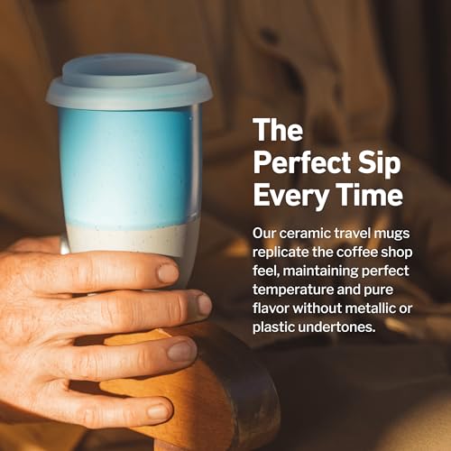 Image of NOVA CERAMICS Travel Mug - Ceramic Coffee Mug With Lid - Microwave & Dishwasher Safe Coffee White & Grey Tumbler - Fits In Cup Holder - 12oz - Coastal Drift