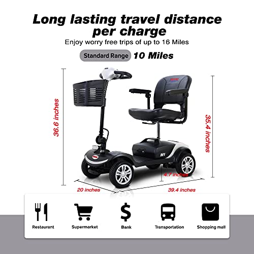 Electric Folding Mobility Scooter for Adults and Seniors, 4 Wheel Powered Wheelchair Device - Compact Heavy Duty Mobile for Travel, Long Range Power Extended Battery with Charger and Basket Silver