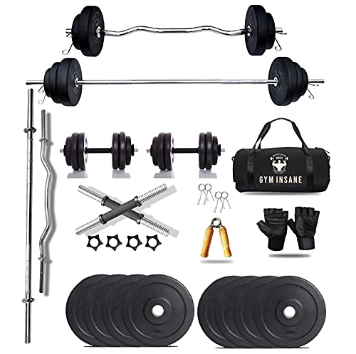 GymInsane Workout Equipment for Men 20kgs PVC Weight Home Gym Set Combo 3ft curl Rod 5 ft Straight Barbell 1pair of Dumbbell rods Gym kit with Gym Accessories