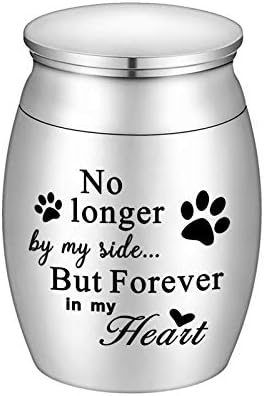 XIUDA Pet Memorial Small Urns for Dog and Cat Ashes, 1.57 inches Mini Stainless Steel Cremation Urn, Pet Paw Print Keepsake Urn for Ashes – No Longer by My Side Forever in My Heart