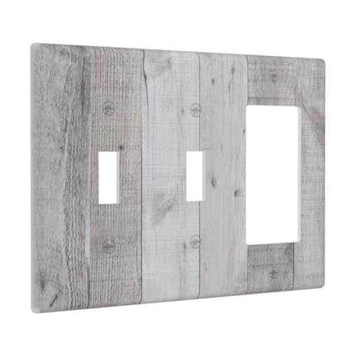 Rustic White/Grey Wood Wooden 3 Gang 2 Toggle 1 Decorator/GFCI Combination Light Switch Cover Decorative Triple Combo Switch Face Wall Plate Room Decor