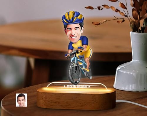 Image of THE GRANDEUR Caricature Gift for Men, Personalized Bicycle Cartoon LED Light Gift - Custom Cyclist Figurine with Wooden Stand, Unique Birthday Gift for Him, (15 x 6 cm)
