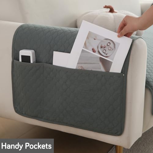 Image of HOKIPO Quilted 2 Seater Sofa Cover Set, One Seat Mat with Two Armrest Covers with Pockets, Grey (NEW-IN-720+IN-787-GRY*2)