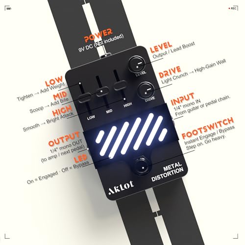 Image of AKLOT Metal Distortion Guitar Pedal: Crushing High-Gain Riffs to Searing Lead Sustain, Tight Punchy Low-End Attack, Gain & Tone Controls, Mini Guitar Electric Guitar Pedal True Bypass, NEON Blaze
