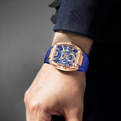 Image of SOLLEN Blue Men's Tonneau Watches, Stylish Chronograph Analog Quartz Watch | Date Window, 24 Hours, Second & Minute Chronograph, 30M Water-resistant, 40x50mm Stainless Steel Case, Silicone Strap, Gift