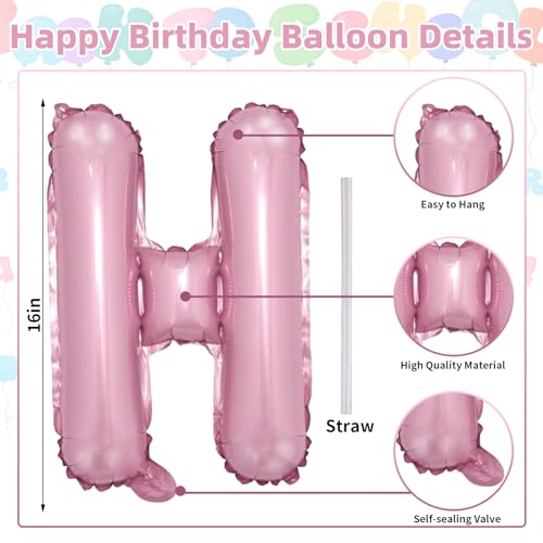 Image of Pink Happy Birthday Balloon Banner, 16 Inch Pastel Pearl Baby Pink Self Inflating Happy Birthday Mylar Foil Balloon, Birthday Bunting Banner Letter Balloons for Girls Women Birthday Party Decorations