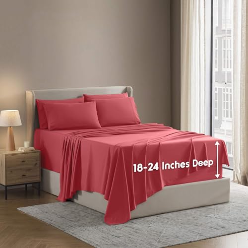 Image of Nestl Extra Deep Queen Sheet Set - 6 Piece Breathable & Cooling Sheets - Hotel Luxury Bedding Set w /18-24 Inch Deep Pockets - Easy & Secure Fit - Super Soft, Wrinkle Free & Comfy - Coral Pink