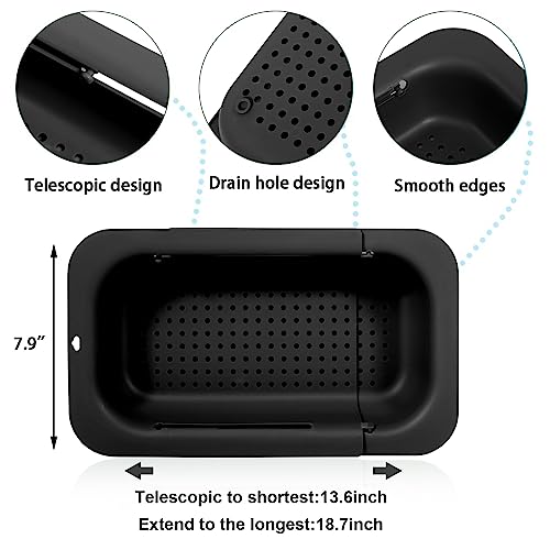 Image of KesaPlan Collapsible Sink Colanders and Strainers Basket Extendable Plastic Fruit Vegetable Strainer Drainer Basket for Kitchen (Length 13.6 inch-18.7 inch) (black)