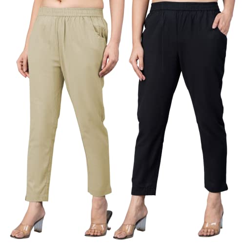 Image of Regular Fit Fully Elastic Waist Ankle Length Premium Cotton Casual Trouser Pant (Combo Pack of 2)