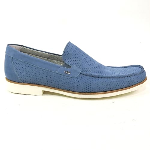 Goodman Italian Men's Perforated Nubuck Leather Loafers, Light Blue, Comfort Slip-on Style, Size 44 EU, Made in Italy4