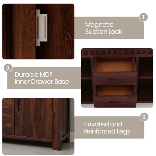 Image of SHIKHA WOOD CRAFT Solid Sheesham Wood Sideboard Cabinet with 2 Doors and 3 Drawers | Wooden Kitchen Cabinet, Crockery Unit, Dining Room Organizer, Living Room Storage Furniture (Kuber Walnut Finish)