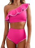 Herseas Womens Cute Bikini Sets 2 Piece One Shoulder Ruffle Hem Swimsuit 2026 Solid Padded Wire Free Top Flattering Bathing Suits Hot Pink Beachwear Cruise Essentails Medium