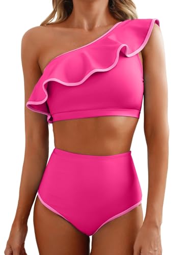 Herseas Womens Cute Bikini Sets 2 Piece One Shoulder Ruffle Hem Swimsuit 2026 Solid Padded Wire Free Top Flattering Bathing Suits Hot Pink Beachwear Cruise Essentails Medium
