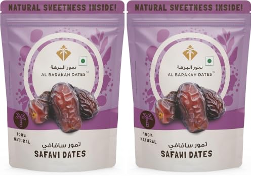 Image of Al Barakah Safawi Dates /Kalmi Dates 400g | Saudi Arabia Dates | 100% Natural | Non- GMO | Gluten Free | Healthy Snack | No Added Sugar | Vegan | Plant Based | Khajur | Khajoor | Khejur (Pack of 2)