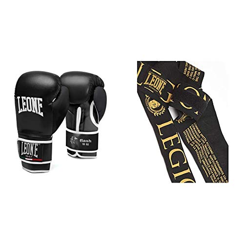 Leone 1947 Flash Guantoni, Nero, 14 Oz & 1947 Ab705 Bendaggi, Unisex, Adulto, Nero, 3.5