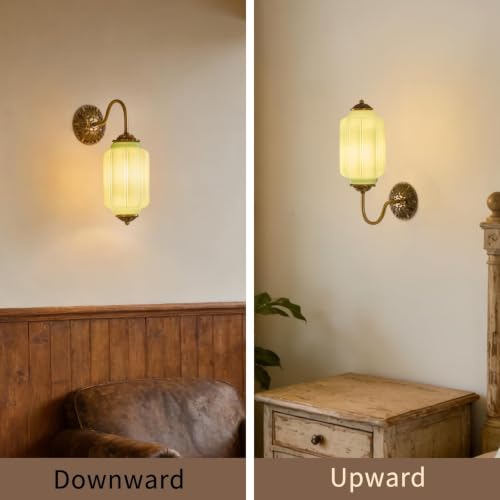 Vintage Milk Glass Wall Sconce, H15" Hardwired Green Glass Sconce with Gold Carved Metal, Antique Bronze Retro Wall Lamp for Bedroom, Bathroom, Living Room, Hallway, E12 Bulb Warm Light (Green 1Pack) by eccuslon - Used condition - Image 3