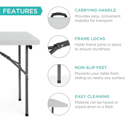 Image of Best Choice Products 4ft Plastic Folding Table, Indoor Outdoor Heavy Duty Portable w /Handle, Lock for Picnic, Party, Camping - Light Gray
