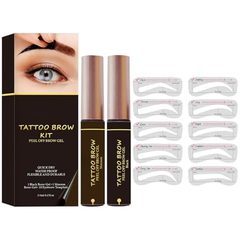 Reddhoon 2 Pcs Peel Off Tattoo Eyebrow Gel, 2 Colors Natural Tint Eye-brow Gel with Eyebrow Template, Long-Lasting Waterproof Quick Drying Eyebrow Tattoo Peel Off Brow Makeup, Black + Maroon Cover