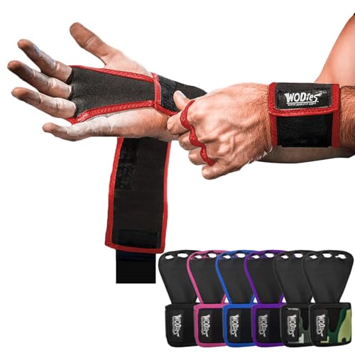 JerkFit WODies 3 Hole Gymnastics Grips with Wrist Support - Hand Grips, Latex Free Elastic Crossfit Grips for Weightlifting, Cross Training - Palm Protection Pull Up Grips for Men and Women (Medium)